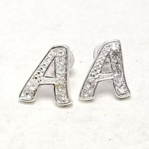 Letter A Stud Earrings, Rhinestone Silver Tone Monogram Initial, Estate